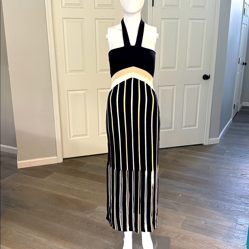 Ramy Brook Campbell Panel Fringe Black, White, Beige Stripe Knit Halter Dress XS - Picture 2 of 14